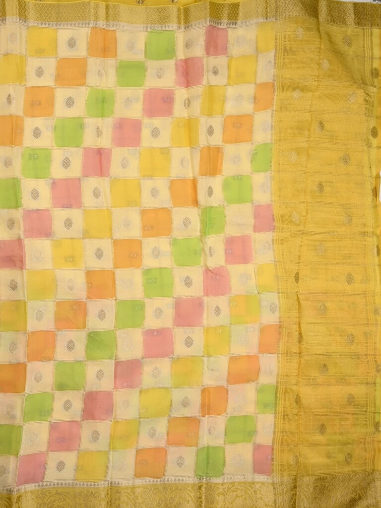 Georgette fancy saree multi color allover checks, motifs & zari border with short pallu and contrast blouse