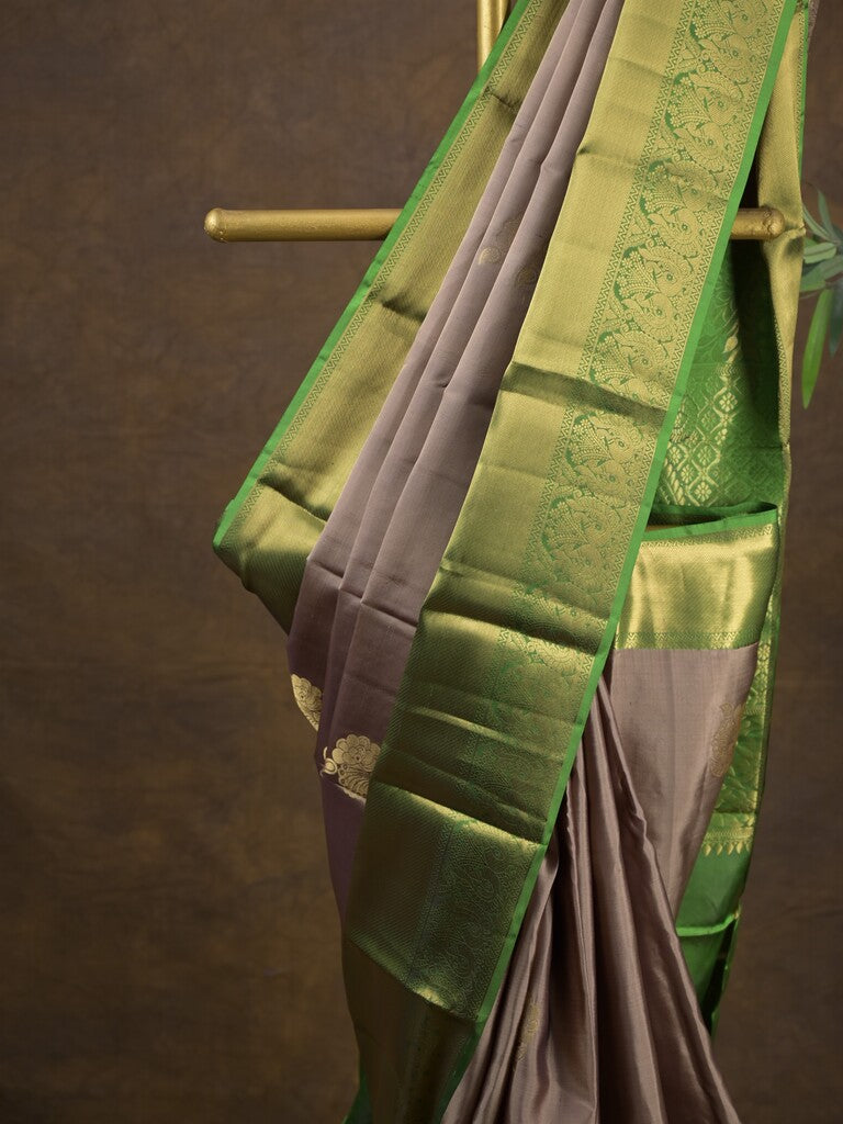 Kanchi pattu saree greyish purple color allover zari motifs & zari border with rich pallu and contrast plain blouse