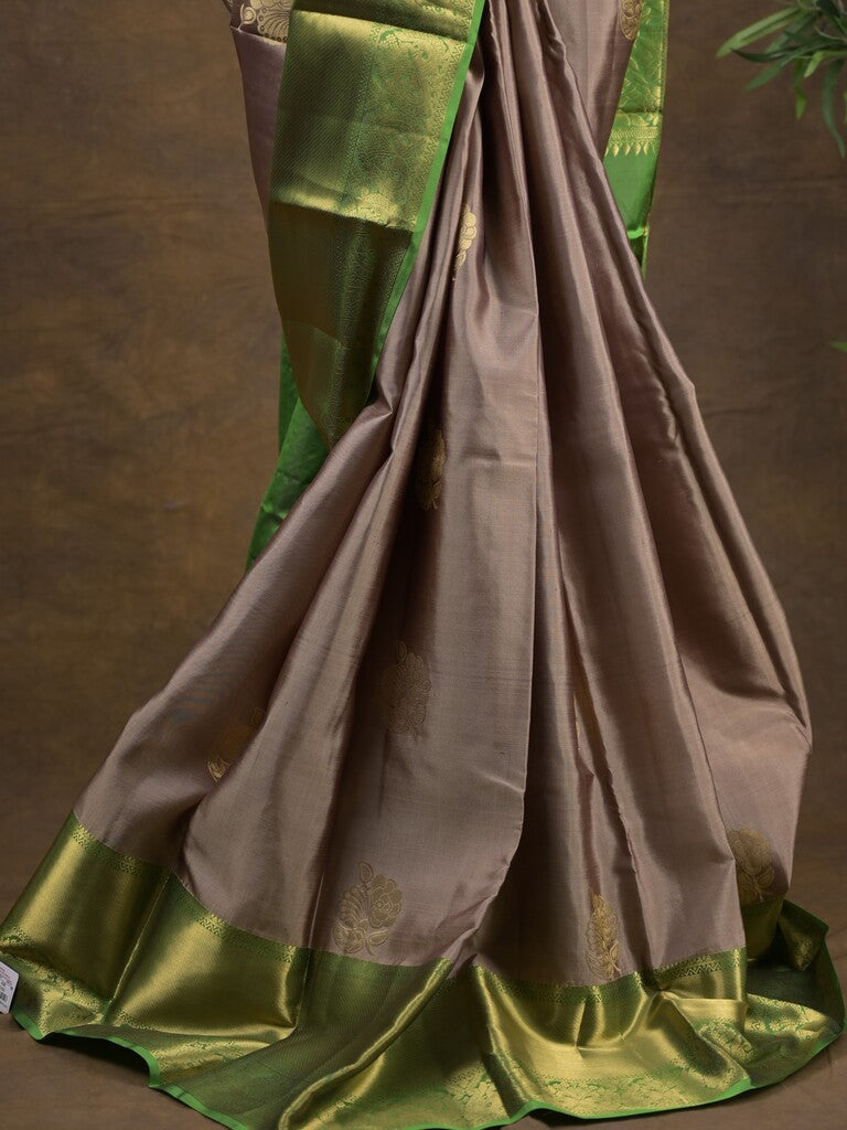 Kanchi pattu saree greyish purple color allover zari motifs & zari border with rich pallu and contrast plain blouse