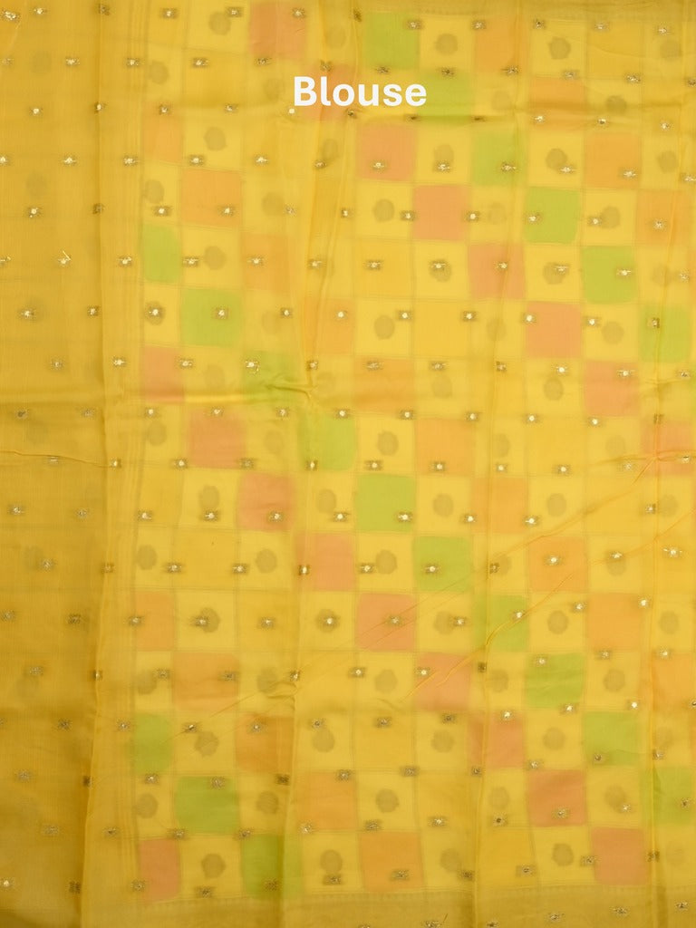 Georgette fancy saree multi color allover checks, motifs & zari border with short pallu and contrast blouse