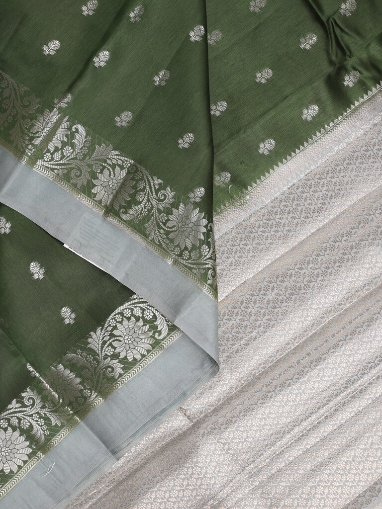 Green mango fancy sarees with allover zari detailing and attached contrast blouse