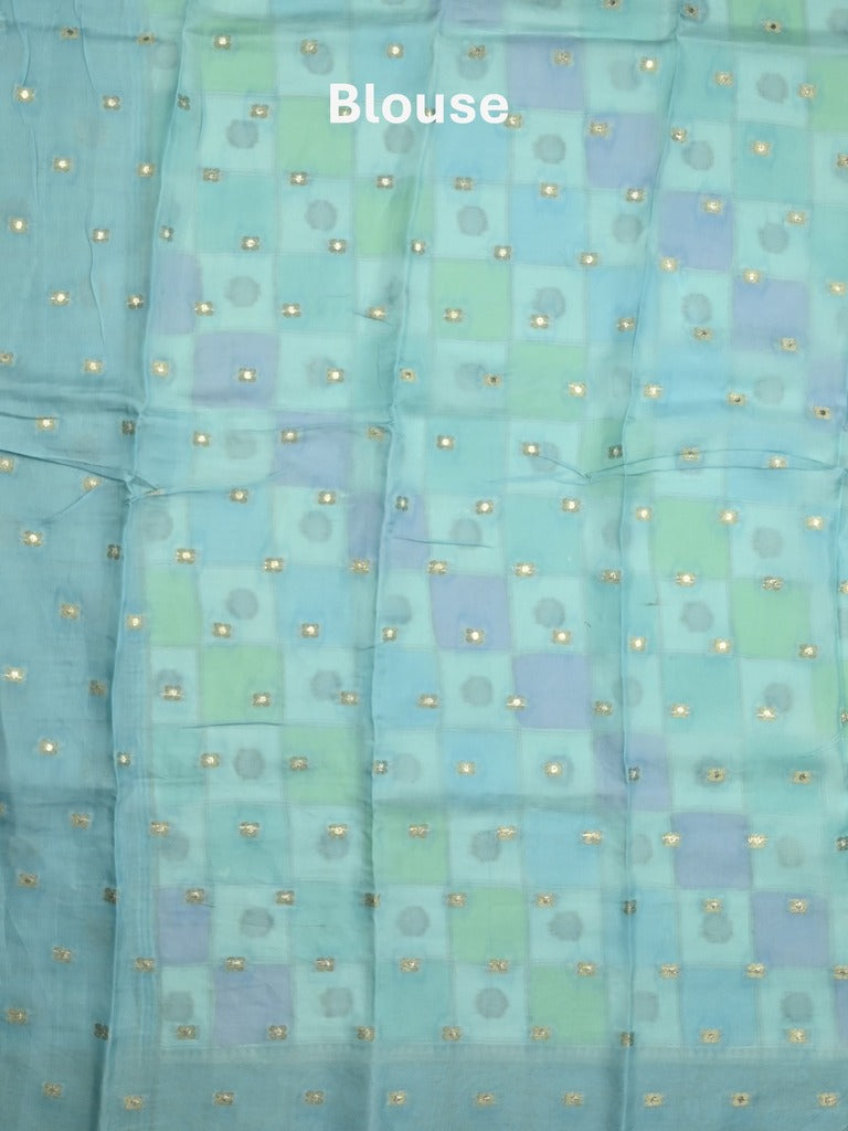 Georgette fancy saree multi color allover checks, motifs & zari border with short pallu and contrast blouse