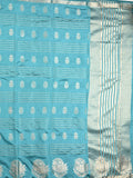 Dupion fancy saree sky blue color allover weaves & zari border with zari pallu and contrast blouse