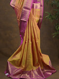 Kanchi pattu saree pinkish orange color allover zari motifs & zari border with rich pallu and contrast plain blouse