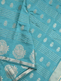 Dupion fancy saree sky blue color allover weaves & zari border with zari pallu and contrast blouse