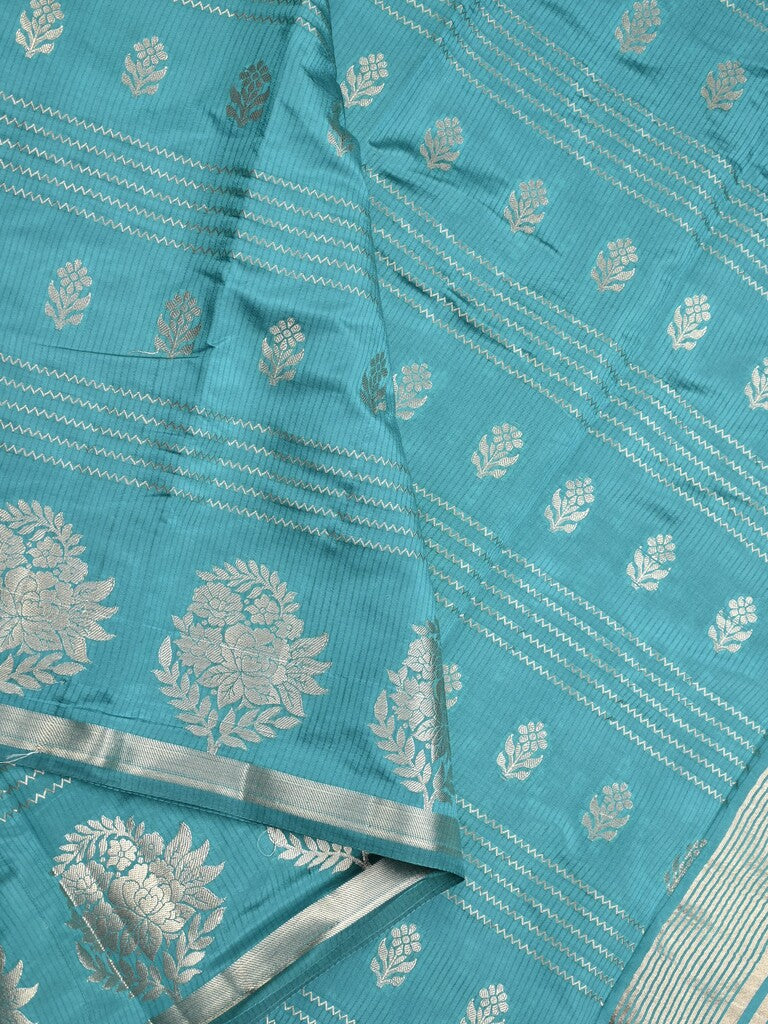 Dupion fancy saree sky blue color allover weaves & zari border with zari pallu and contrast blouse