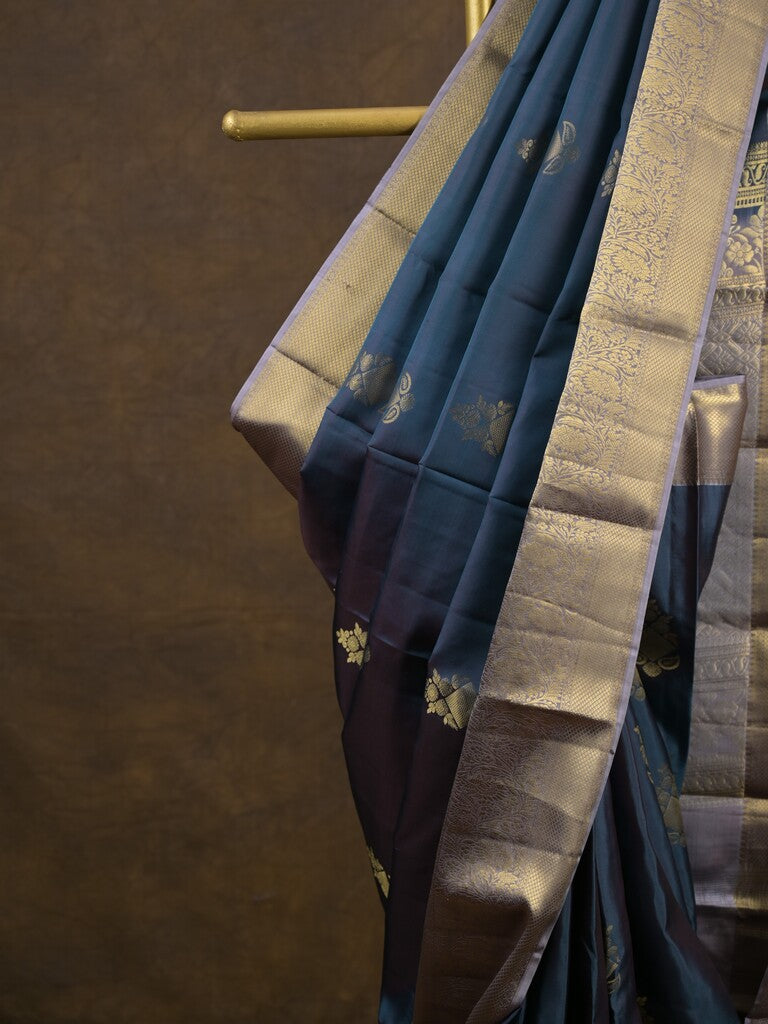 Kanchi pattu saree navy blue color allover zari motifs & zari border with rich pallu and contrast plain blouse