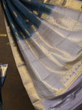 Kanchi pattu saree navy blue color allover zari motifs & zari border with rich pallu and contrast plain blouse