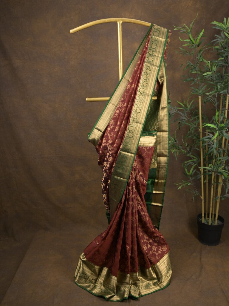 Kanchi pattu saree maroon color allover zari weaves & zari border with rich pallu and contrast plain blouse