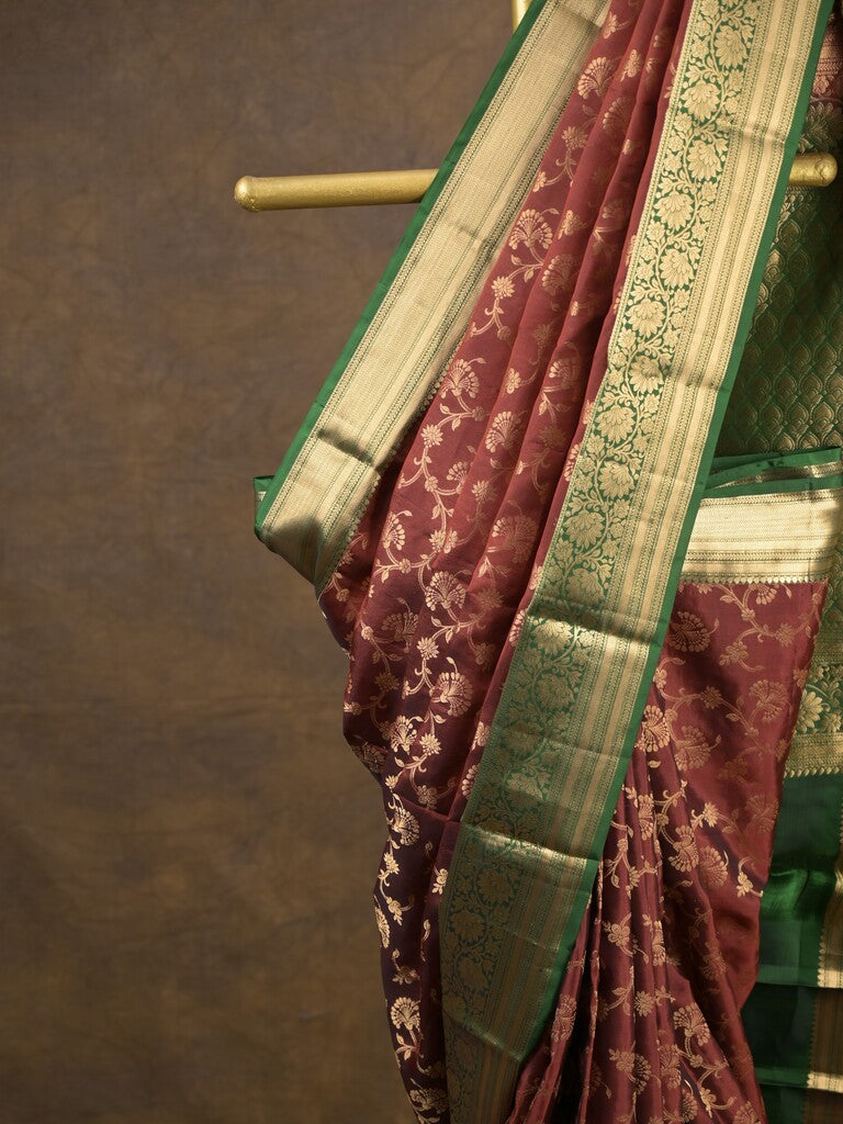Kanchi pattu saree maroon color allover zari weaves & zari border with rich pallu and contrast plain blouse