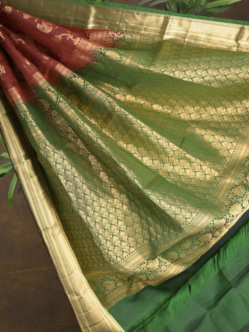 Kanchi pattu saree maroon color allover zari weaves & zari border with rich pallu and contrast plain blouse