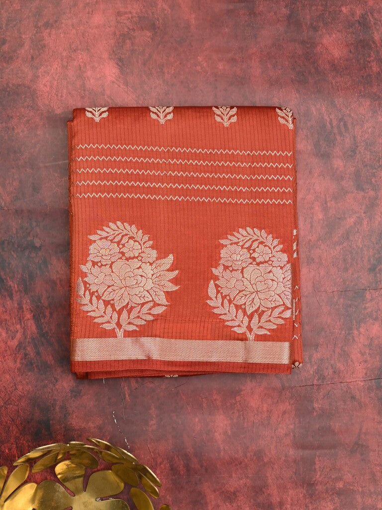 Dupion fancy saree red color allover weaves & zari border with zari pallu and contrast blouse