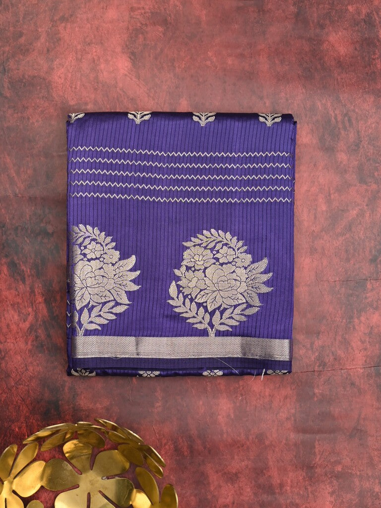 Dupion fancy saree royal blue color allover weaves & zari border with zari pallu and contrast blouse