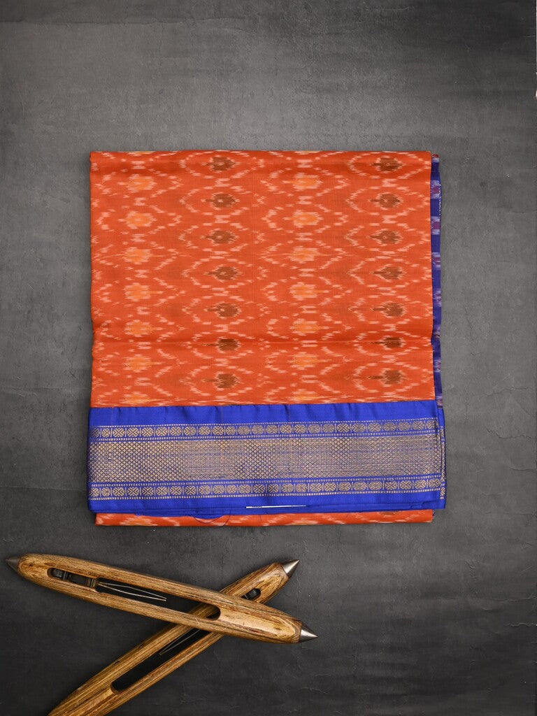 Ikkat pattu saree orange color allover weaves & zari border with contrast pallu and contrast blouse