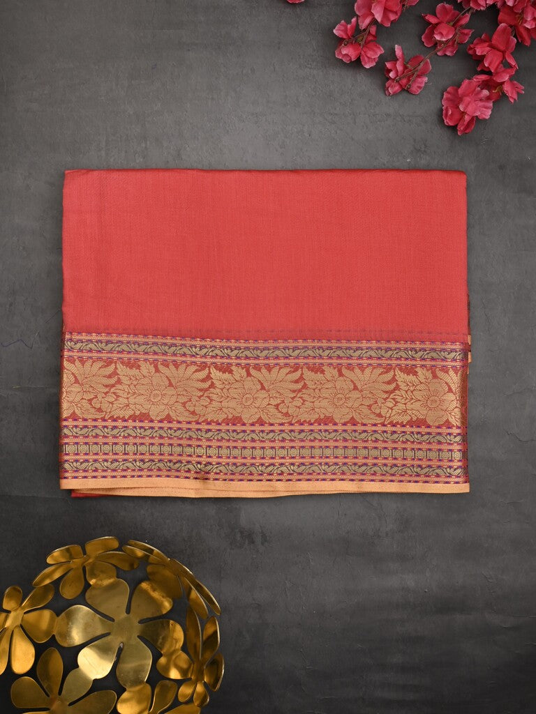 Chanderi fancy saree coral pink color allover plain & zari border with zari pallu and tissue blouse