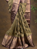 Kanchi pattu saree light olive green color allover zari weaves & zari border with rich pallu and contrast plain blouse