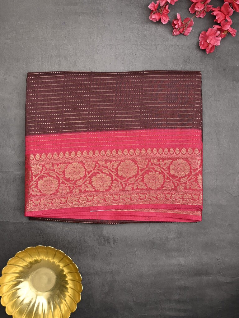 Dola silk fancy saree brown color allover stripes & zari border with printed pallu and printed blouse