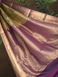 Kanchi pattu saree light olive green color allover zari weaves & zari border with rich pallu and contrast plain blouse