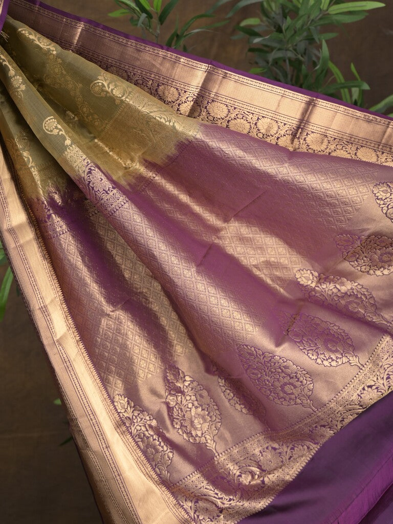 Kanchi pattu saree light olive green color allover zari weaves & zari border with rich pallu and contrast plain blouse