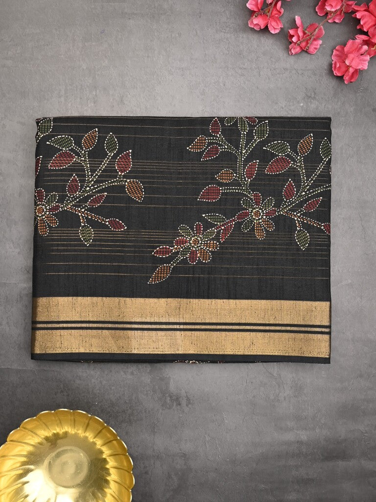 Dola silk fancy saree black color allover prints & zari border with printed pallu and plain blouse