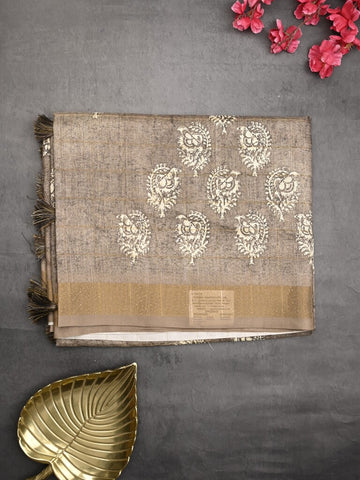 Dola silk fancy saree grey color allover prints & zari border with printed pallu and plain blouse