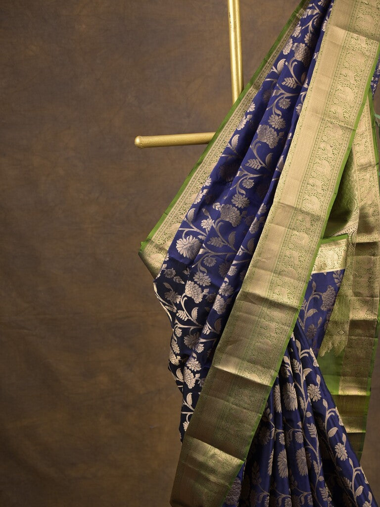 Kanchi pattu saree royal blue color allover zari weaves & zari border with rich pallu and contrast plain blouse