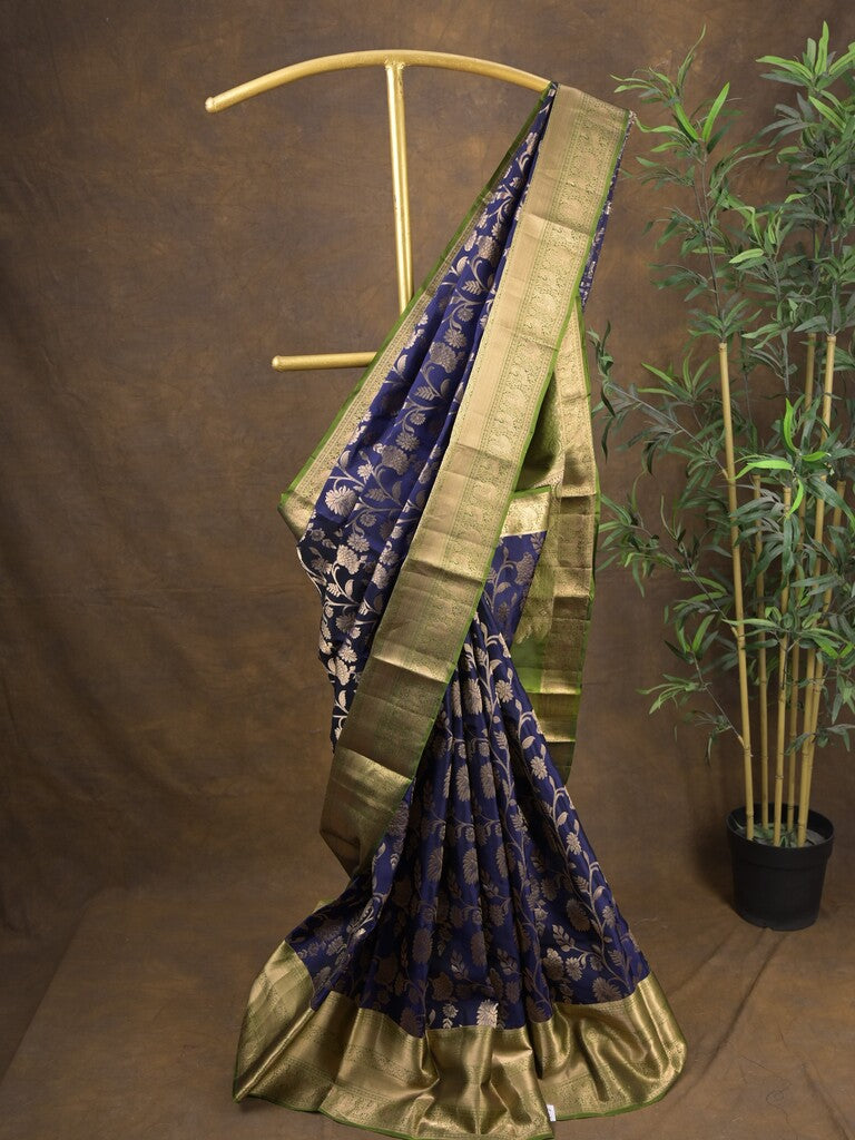 Kanchi pattu saree royal blue color allover zari weaves & zari border with rich pallu and contrast plain blouse