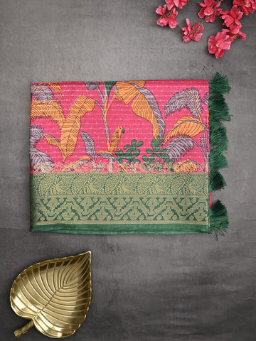 Dola silk fancy saree dark pink color allover prints & zari border with printed pallu and plain blouse