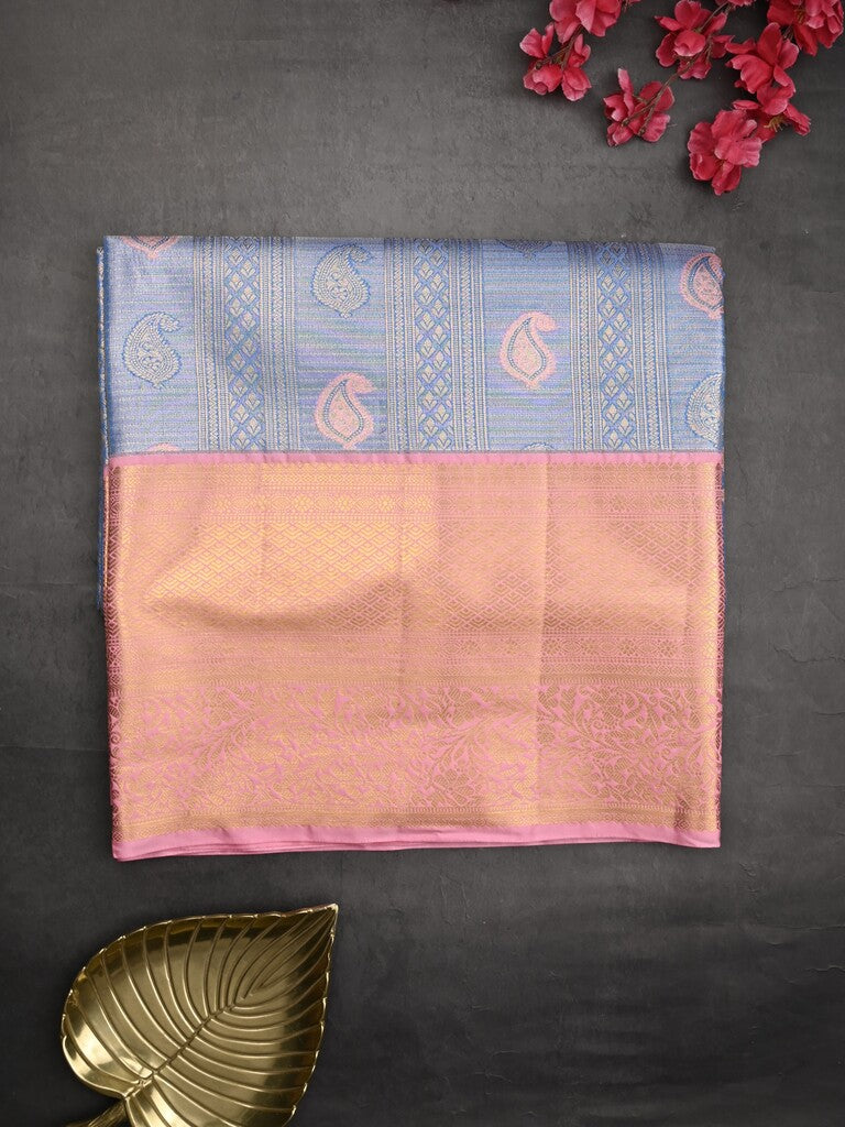 Kanchi tissue pattu saree light blue color allover zari weaves & kanchi border with rich pallu and contrast tissue blouse