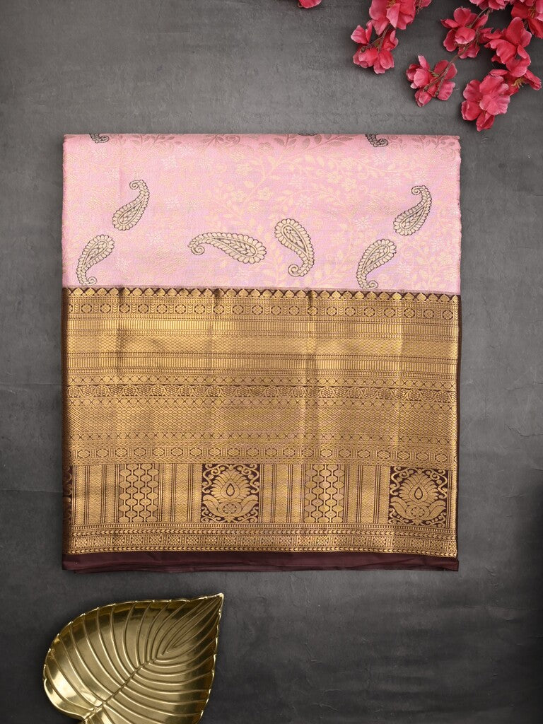 Kanchi tissue pattu saree baby pink color allover zari weaves & kanchi border with rich pallu and contrast tissue blouse