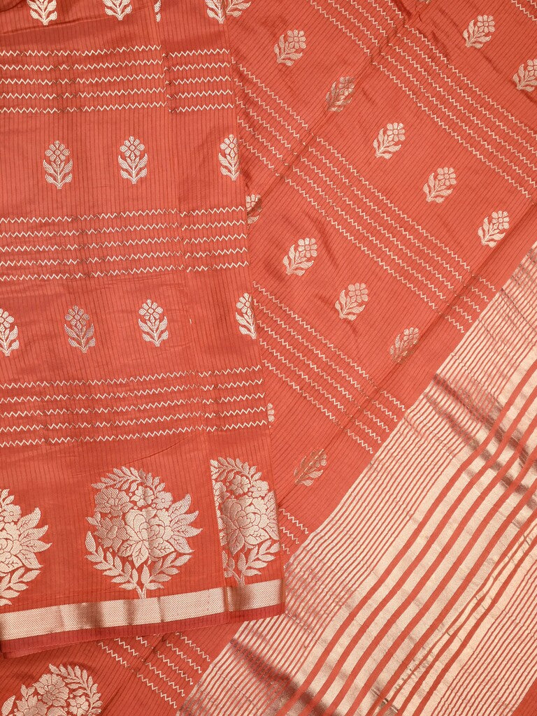 Dupion fancy saree red color allover weaves & zari border with zari pallu and contrast blouse