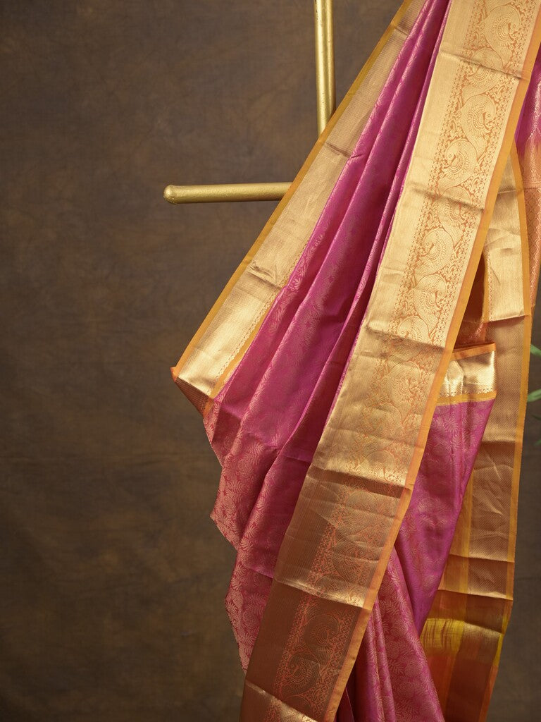 Kanchi pattu saree pink color allover zari weaves & zari border with rich pallu and contrast plain blouse