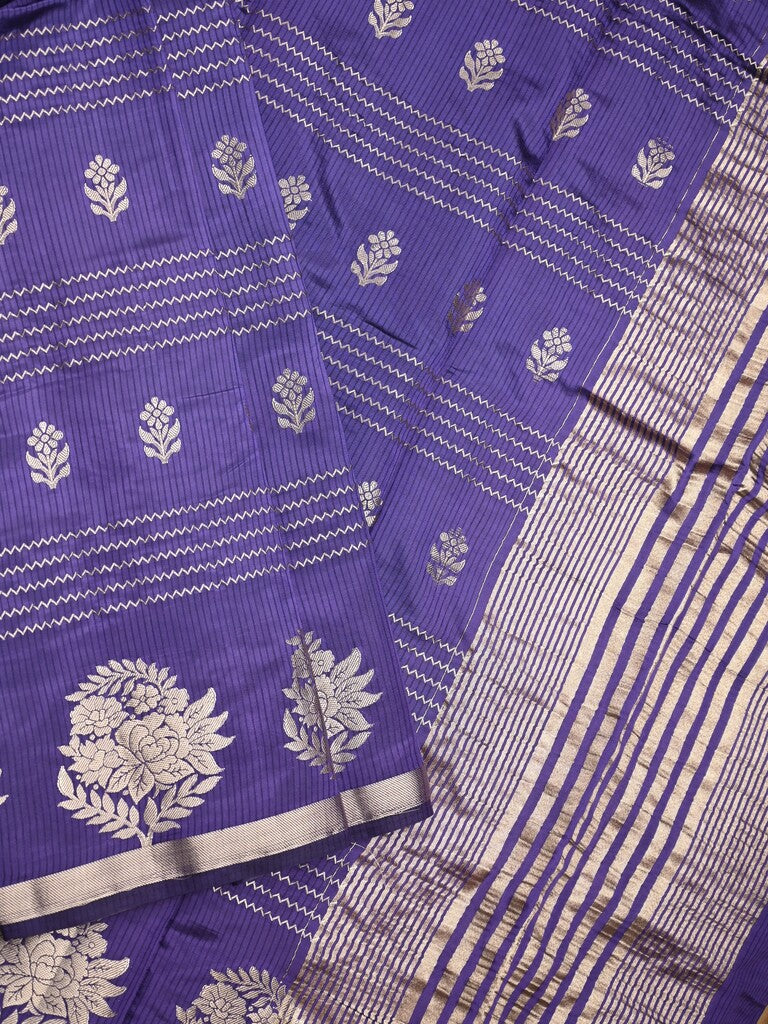 Dupion fancy saree royal blue color allover weaves & zari border with zari pallu and contrast blouse