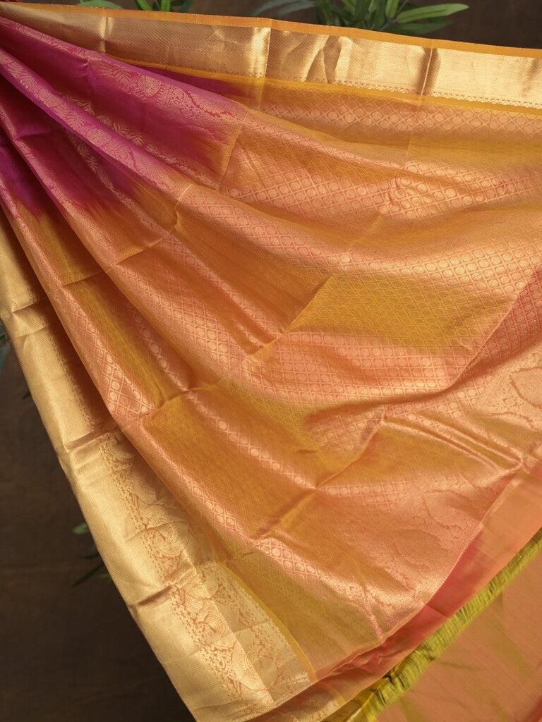 Kanchi pattu saree pink color allover zari weaves & zari border with rich pallu and contrast plain blouse