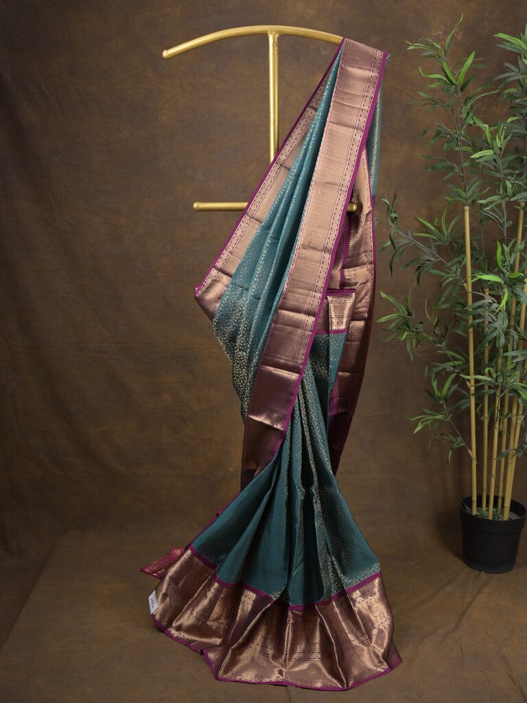 Kanchi pattu saree peacock blue color allover zari weaves & zari border with rich pallu and contrast plain blouse