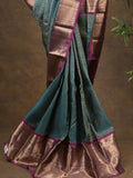 Kanchi pattu saree peacock blue color allover zari weaves & zari border with rich pallu and contrast plain blouse