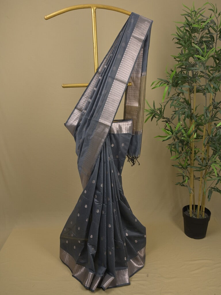 Chanderi fancy saree with allover zari motifs & zari border with zari pallu and attached self blouse