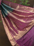 Kanchi pattu saree peacock blue color allover zari weaves & zari border with rich pallu and contrast plain blouse