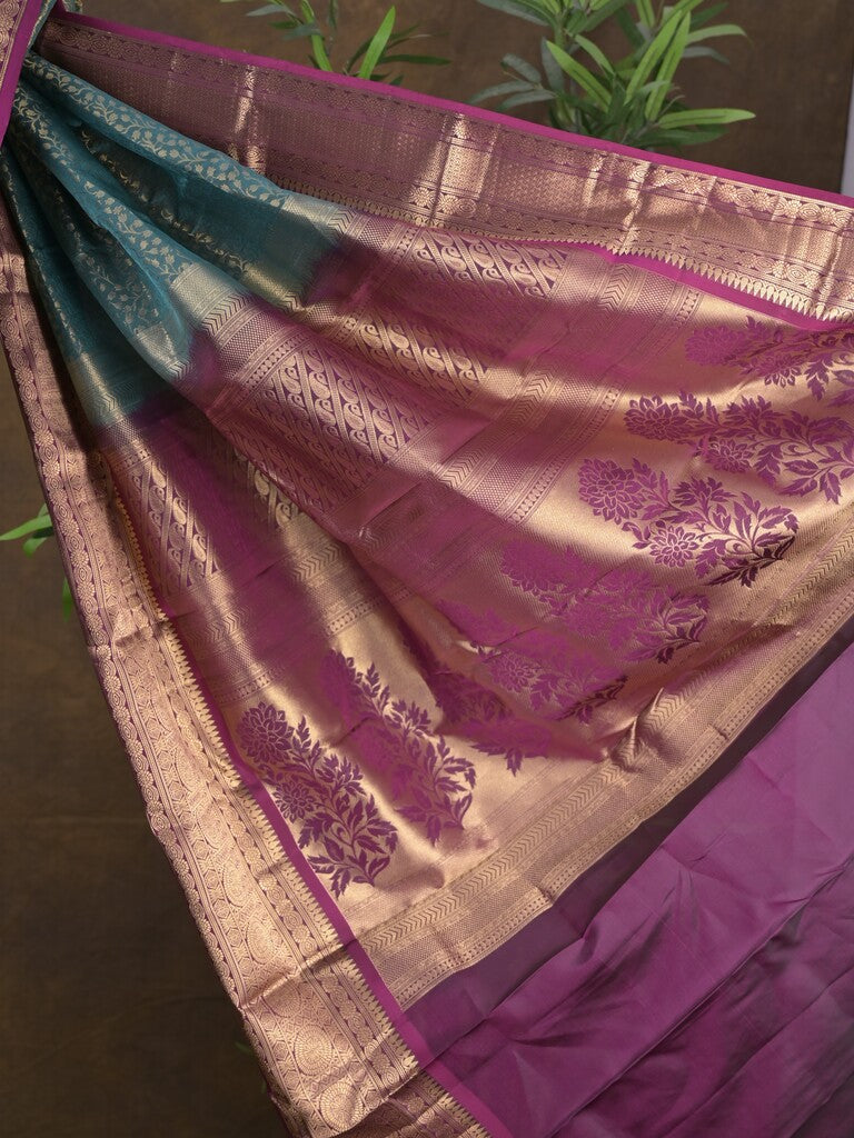 Kanchi pattu saree peacock blue color allover zari weaves & zari border with rich pallu and contrast plain blouse