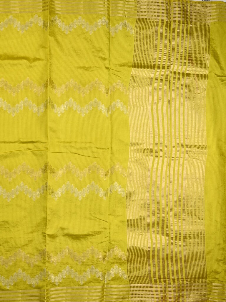 Dupion fancy saree lemon yellow allover weaves & zari border with zari pallu and contrast blouse