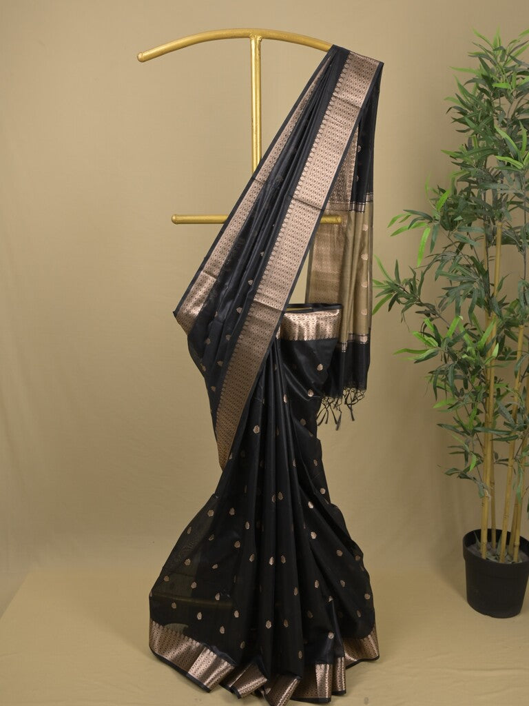 Chanderi fancy saree with allover zari motifs & zari border with zari pallu and attached self blouse
