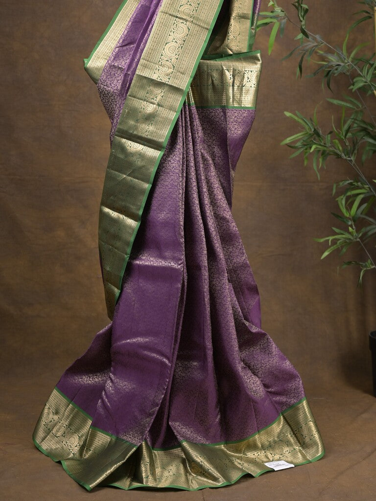 Kanchi pattu saree purple color allover zari weaves & zari border with rich pallu and contrast plain blouse