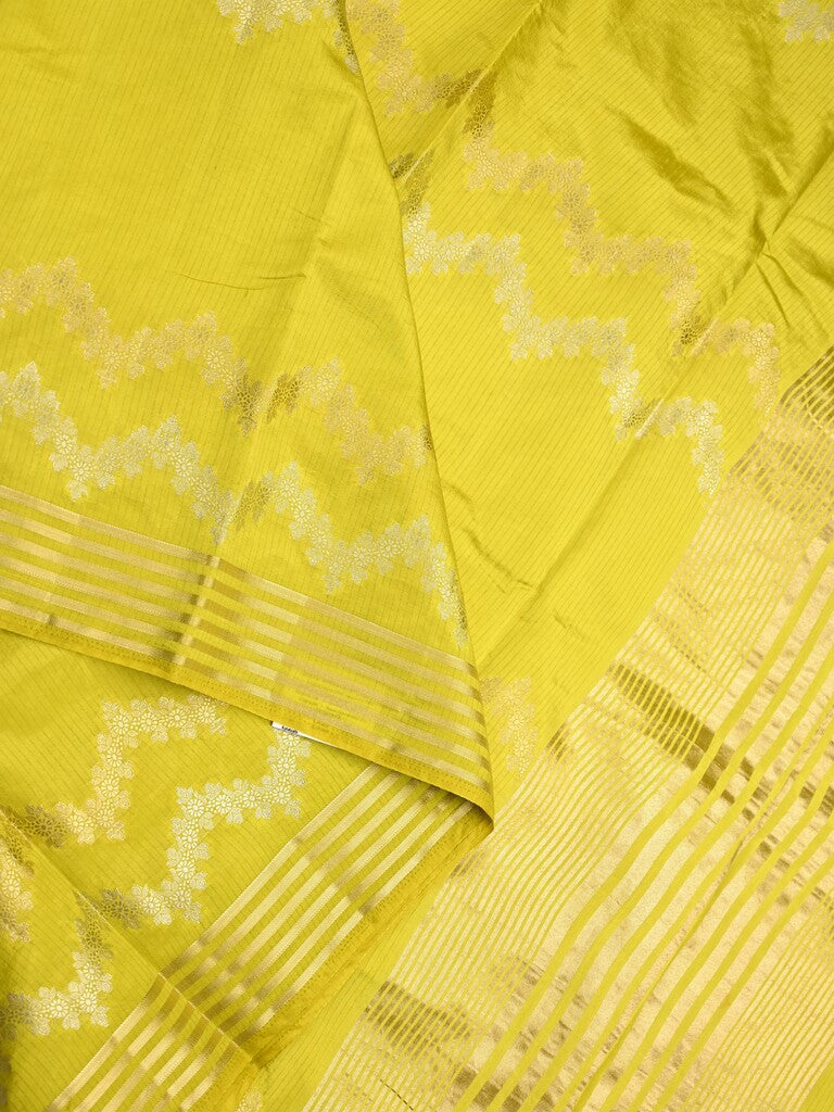 Dupion fancy saree lemon yellow allover weaves & zari border with zari pallu and contrast blouse