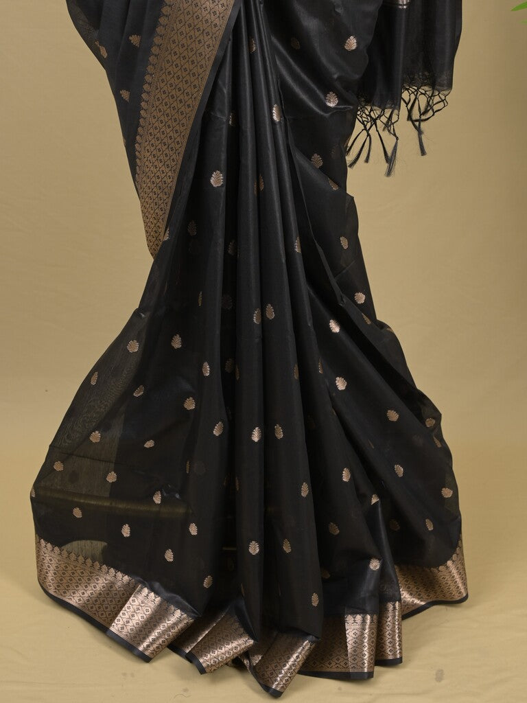 Chanderi fancy saree with allover zari motifs & zari border with zari pallu and attached self blouse
