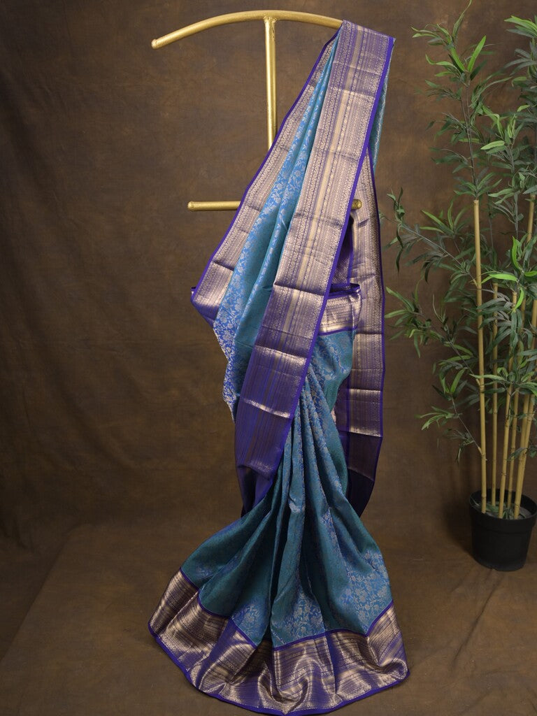 Kanchi pattu saree blue color allover zari weaves & zari border with rich pallu and contrast plain blouse