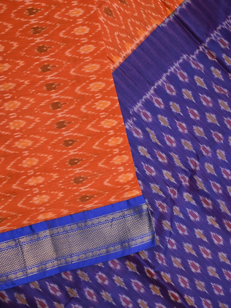 Ikkat pattu saree orange color allover weaves & zari border with contrast pallu and contrast blouse