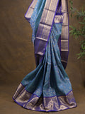 Kanchi pattu saree blue color allover zari weaves & zari border with rich pallu and contrast plain blouse