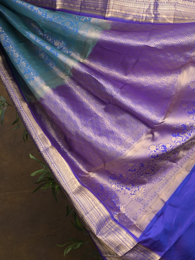 Kanchi pattu saree blue color allover zari weaves & zari border with rich pallu and contrast plain blouse