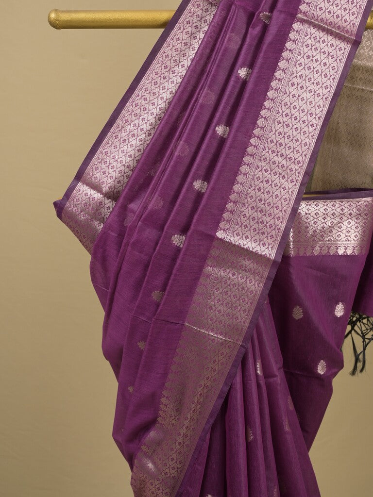 Chanderi fancy saree with allover zari motifs & zari border with zari pallu and attached self blouse