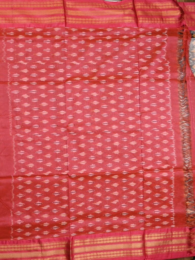 Ikkat pattu saree grey color allover weaves & zari border with contrast pallu and contrast blouse